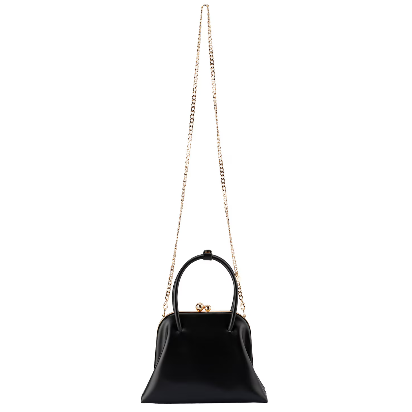 Solid Black Tapered Flare Frame Mini Carry Bag with Dual Sphere Kiss Lock Clasp and Curved Top Grip Loop