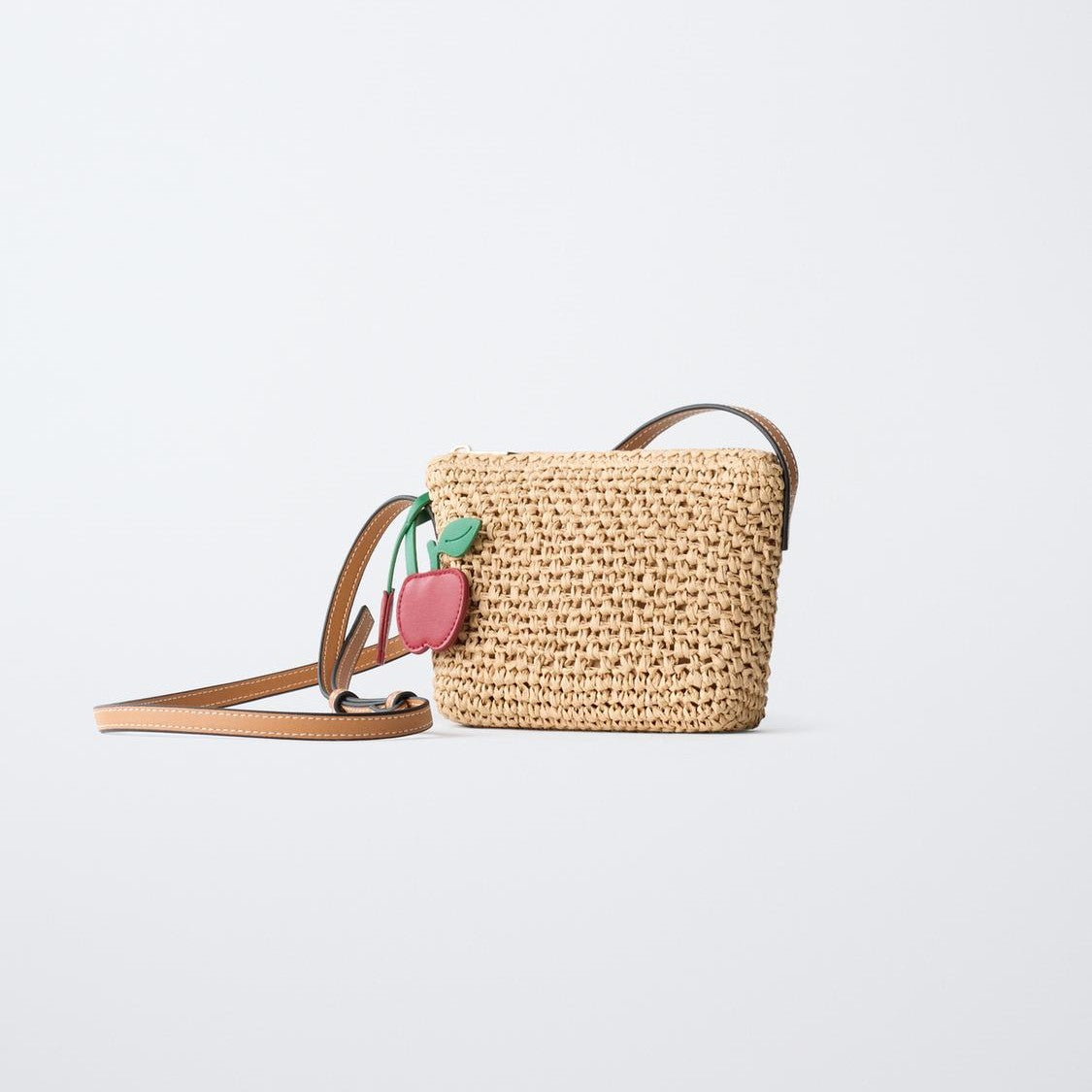 Natural Woven Mini Carry Pouch Adjustable Strap Dual Fruit Decor Charms Shoulder Bag