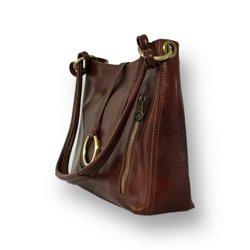 Deep Cocoa Sloped Top Carry Tote with Symmetrical Metallic Ring Hardware and Exterior Zip Slip