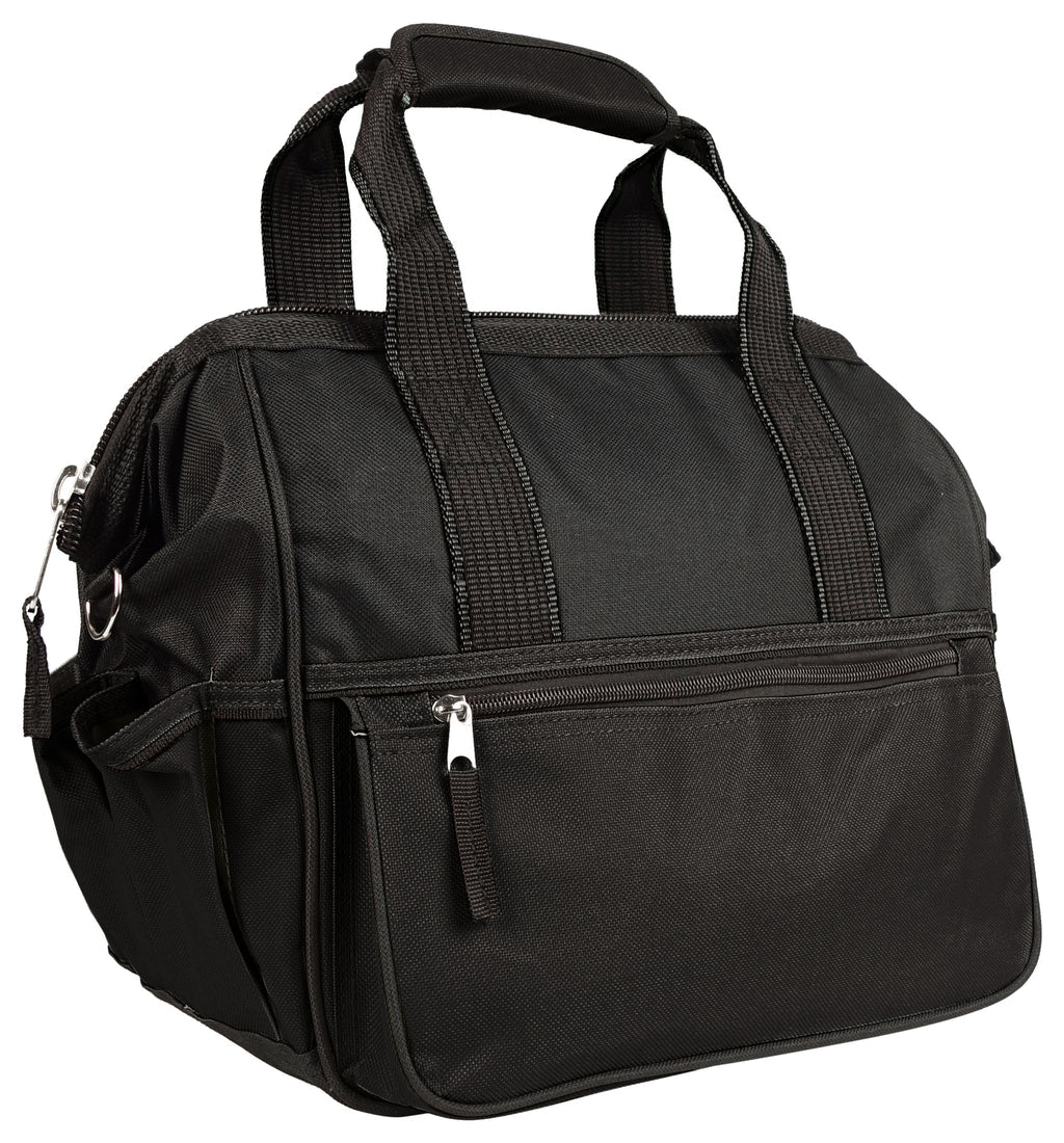 Solid Black Multi-Compartment Utility Carry Tool Bag Dual Grip Fixtures Removable Shoulder Hardware