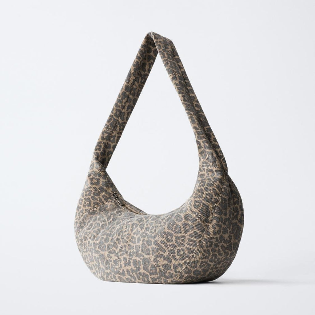 Muted Taupe Spotted Animal Print Crescent Arm Carry Bag with Hidden Zip Compartment