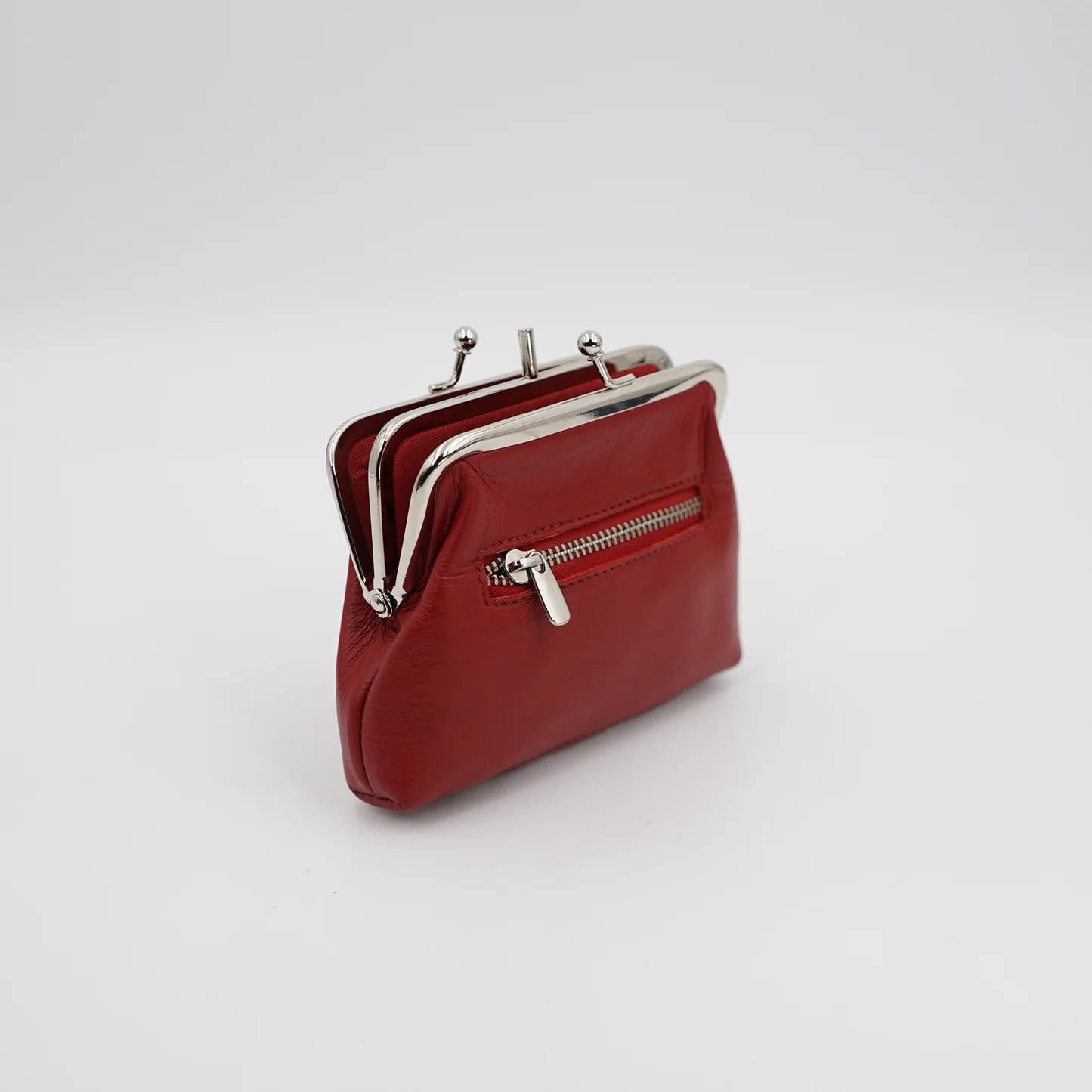 Scarlet & Black Rounded Mini Pouch with Metallic Double Ball Clasp and Outer Zip Slip