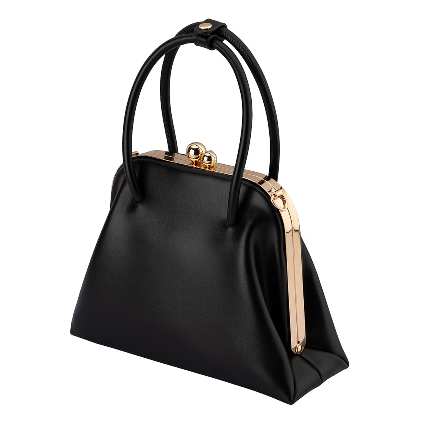 Solid Black Tapered Flare Frame Mini Carry Bag with Dual Sphere Kiss Lock Clasp and Curved Top Grip Loop