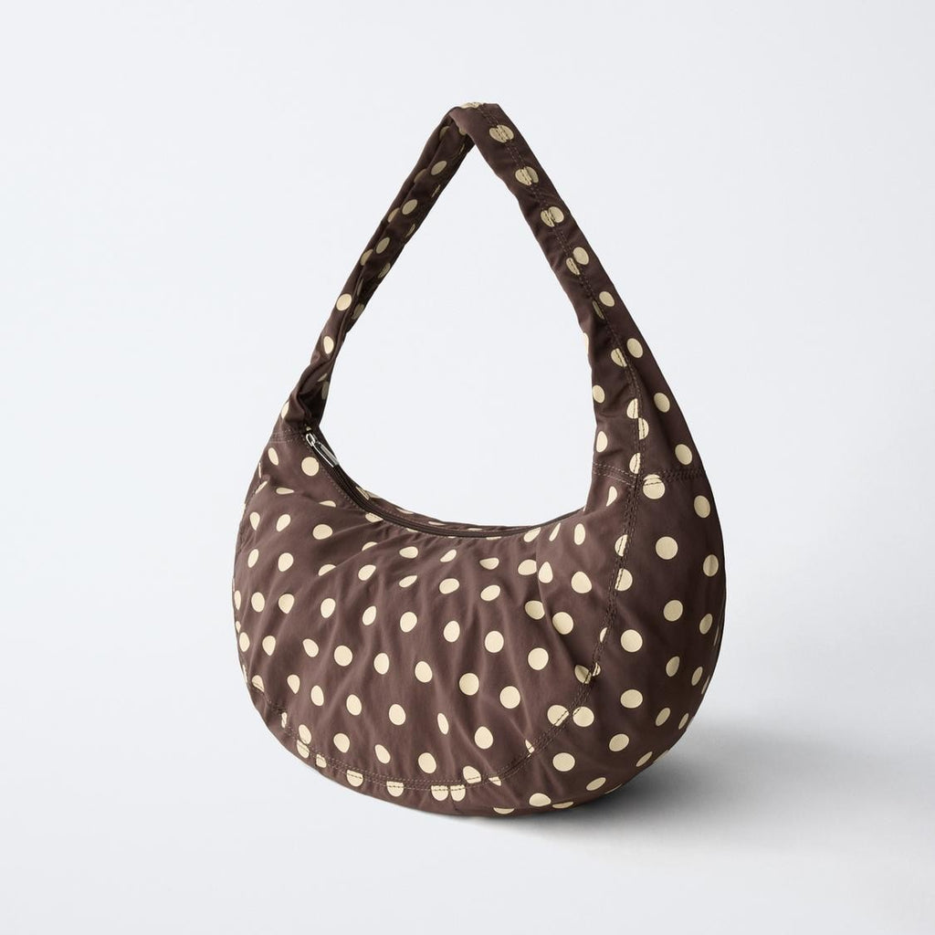 Warm Brown Cream Spotted Crescent Shoulder Carry Bag with Secure Zip Compartment