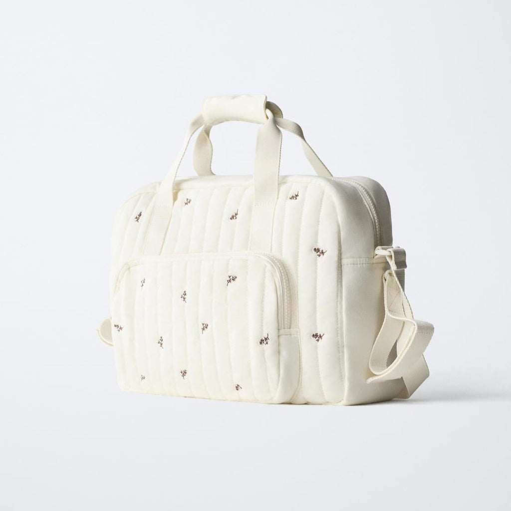 Off-White Quilted Floral Embroidered Family Carry Tote Stroller Attachment Loops Shoulder Bag