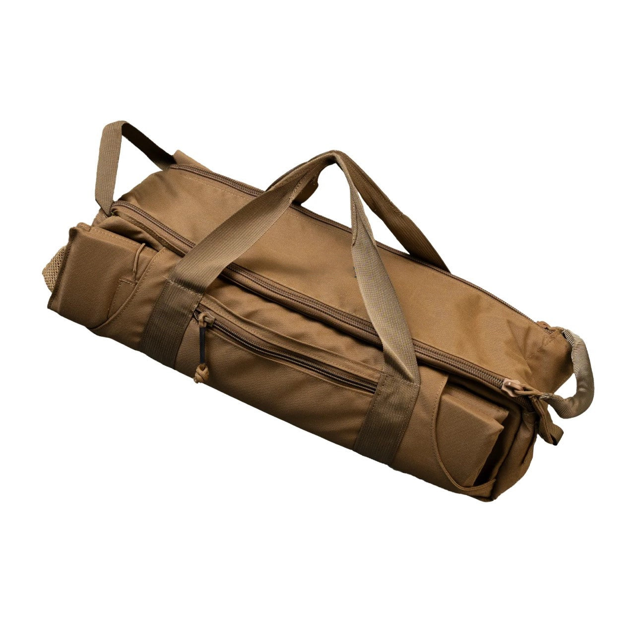 Earthy Tan Elongated Field Carry Sack with Bright Orange Interior and Cylindrical Item Pass-Through