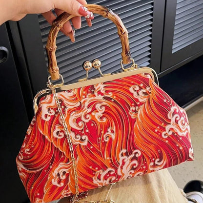 Vivid Scarlet Amber Swirl Wave Pattern Frame Pouch with Curved Natural Form Grip Arch And Linked Metal Chain Kiss Lock Bag