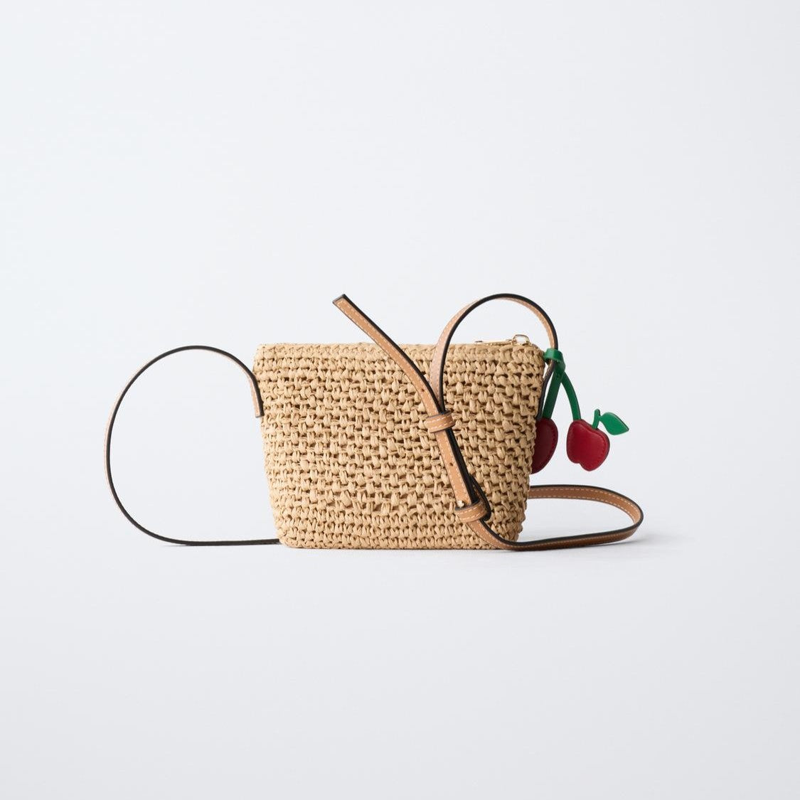 Natural Woven Mini Carry Pouch Adjustable Strap Dual Fruit Decor Charms Shoulder Bag
