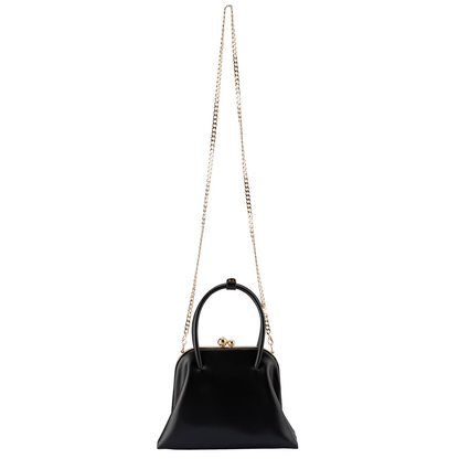 Solid Black Tapered Flare Frame Mini Carry Bag with Dual Sphere Kiss Lock Clasp and Curved Top Grip Loop