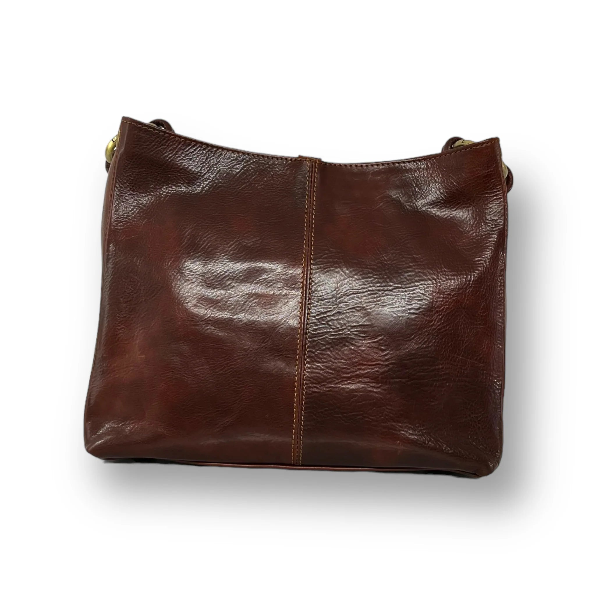 Deep Cocoa Sloped Top Carry Tote with Symmetrical Metallic Ring Hardware and Exterior Zip Slip