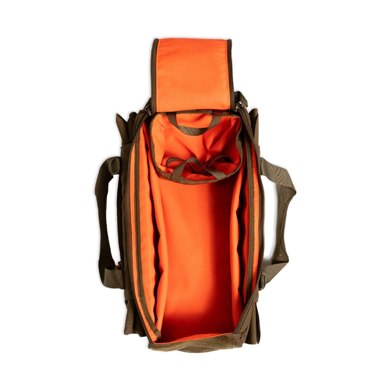 Earthy Tan Elongated Field Carry Sack with Bright Orange Interior and Cylindrical Item Pass-Through