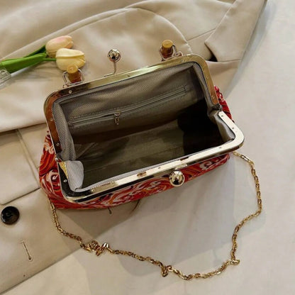 Vivid Scarlet Amber Swirl Wave Pattern Frame Pouch with Curved Natural Form Grip Arch And Linked Metal Chain Kiss Lock Bag