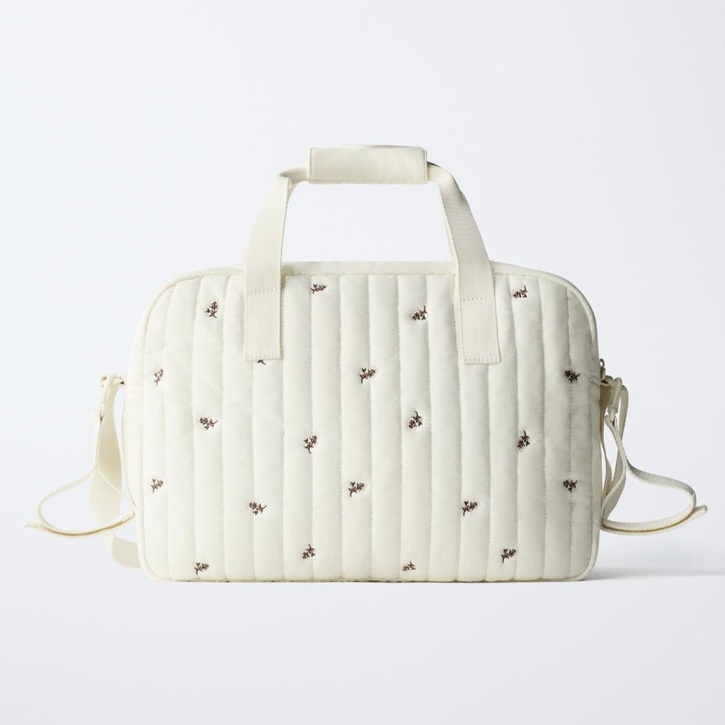 Off-White Quilted Floral Embroidered Family Carry Tote Stroller Attachment Loops Shoulder Bag