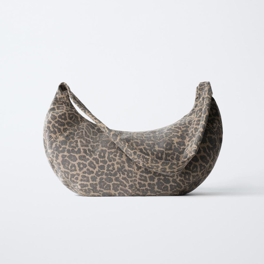 Muted Taupe Spotted Animal Print Crescent Arm Carry Bag with Hidden Zip Compartment