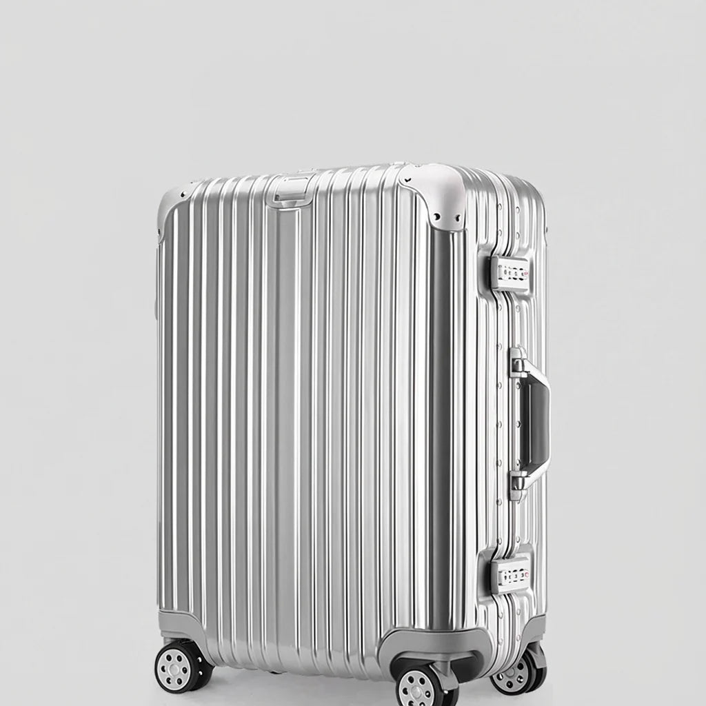Polished Silver Vertical Fluted Hard Shell Rolling Travel Case Reinforced Edge Caps