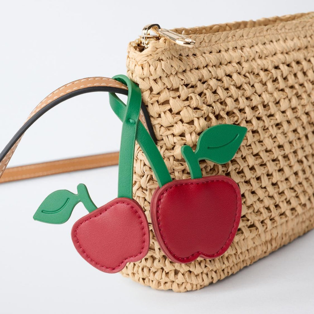 Natural Woven Mini Carry Pouch Adjustable Strap Dual Fruit Decor Charms Shoulder Bag