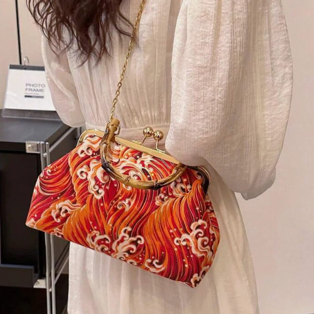 Vivid Scarlet Amber Swirl Wave Pattern Frame Pouch with Curved Natural Form Grip Arch And Linked Metal Chain Kiss Lock Bag