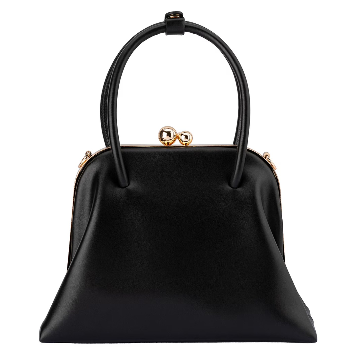 Solid Black Tapered Flare Frame Mini Carry Bag with Dual Sphere Kiss Lock Clasp and Curved Top Grip Loop