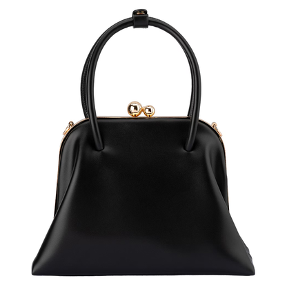 Solid Black Tapered Flare Frame Mini Carry Bag with Dual Sphere Kiss Lock Clasp and Curved Top Grip Loop