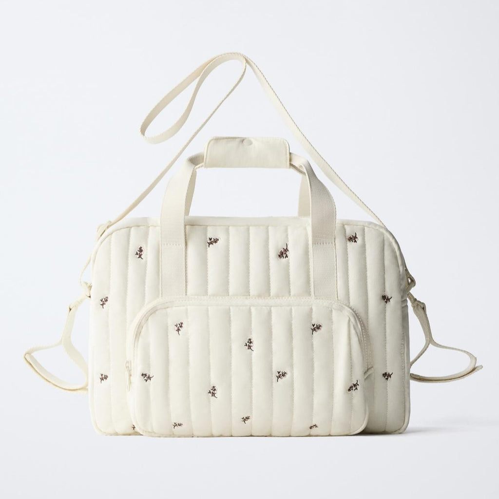 Off-White Quilted Floral Embroidered Family Carry Tote Stroller Attachment Loops Shoulder Bag