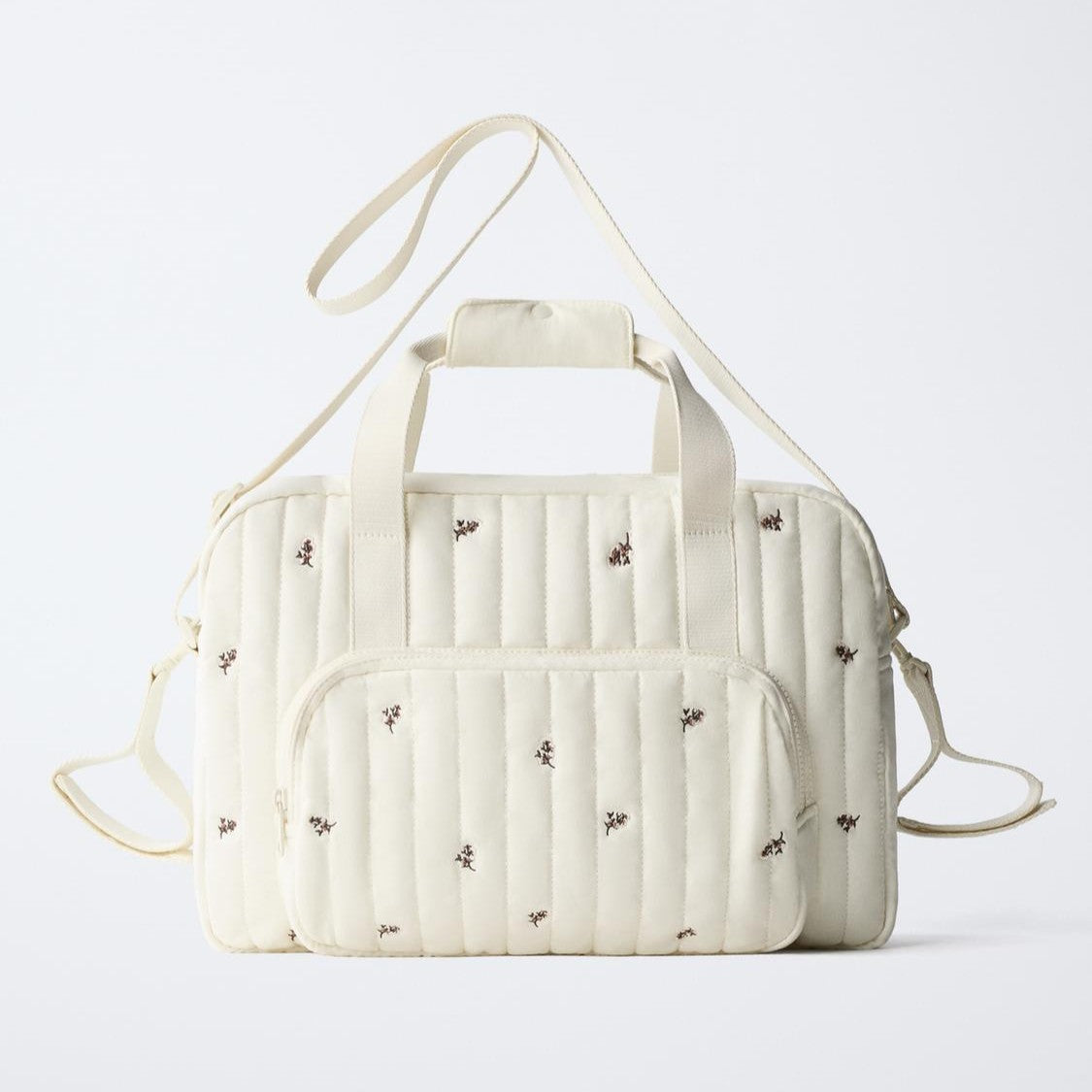 Off-White Quilted Floral Embroidered Family Carry Tote Stroller Attachment Loops Shoulder Bag