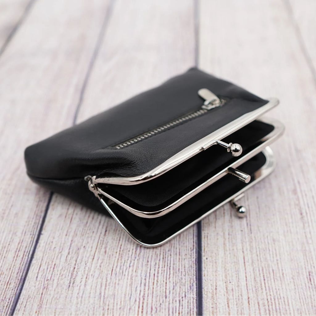 Scarlet & Black Rounded Mini Pouch with Metallic Double Ball Clasp and Outer Zip Slip