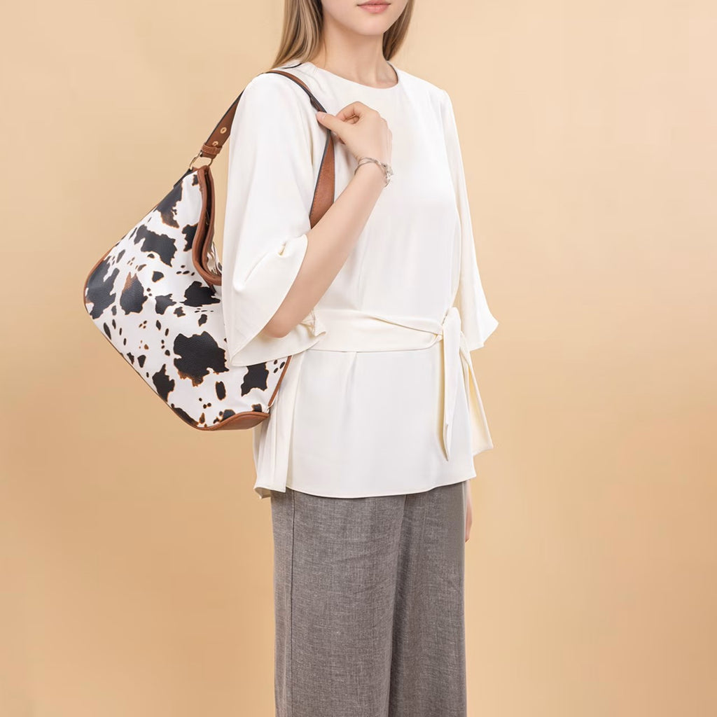 Cow-Brown Curved Shoulder Bag Warm Brown Trim Wide Carry Strap