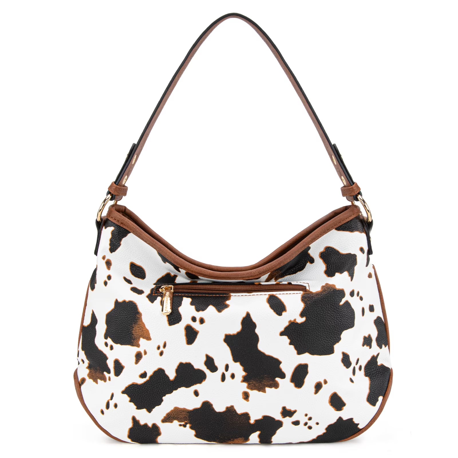 Cow-Brown Curved Shoulder Bag Warm Brown Trim Wide Carry Strap