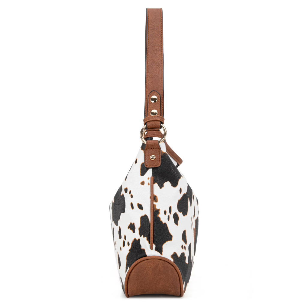 Cow-Brown Curved Shoulder Bag Warm Brown Trim Wide Carry Strap
