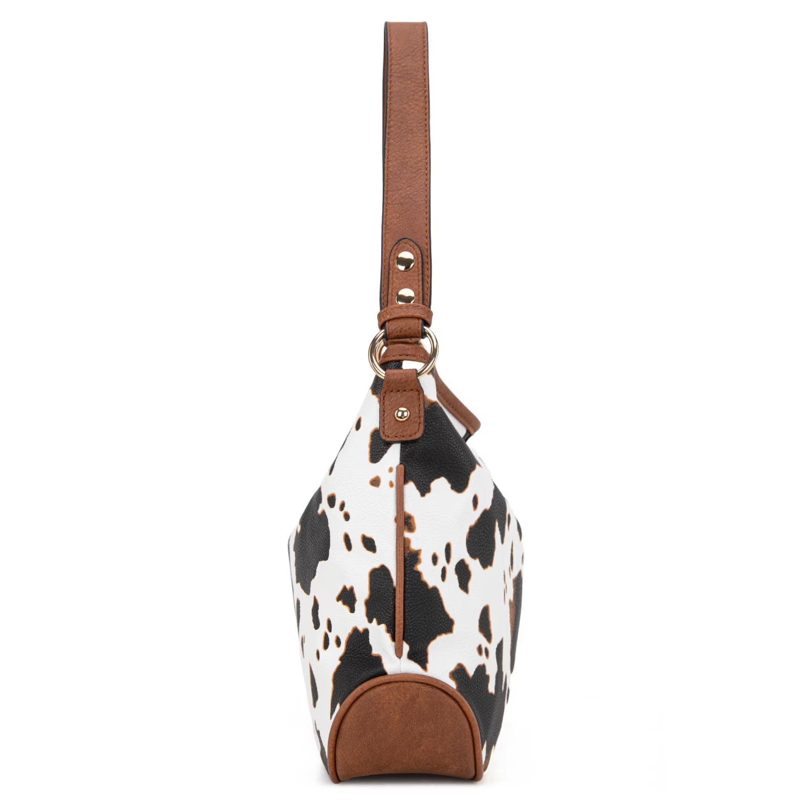 Cow-Brown Curved Shoulder Bag Warm Brown Trim Wide Carry Strap