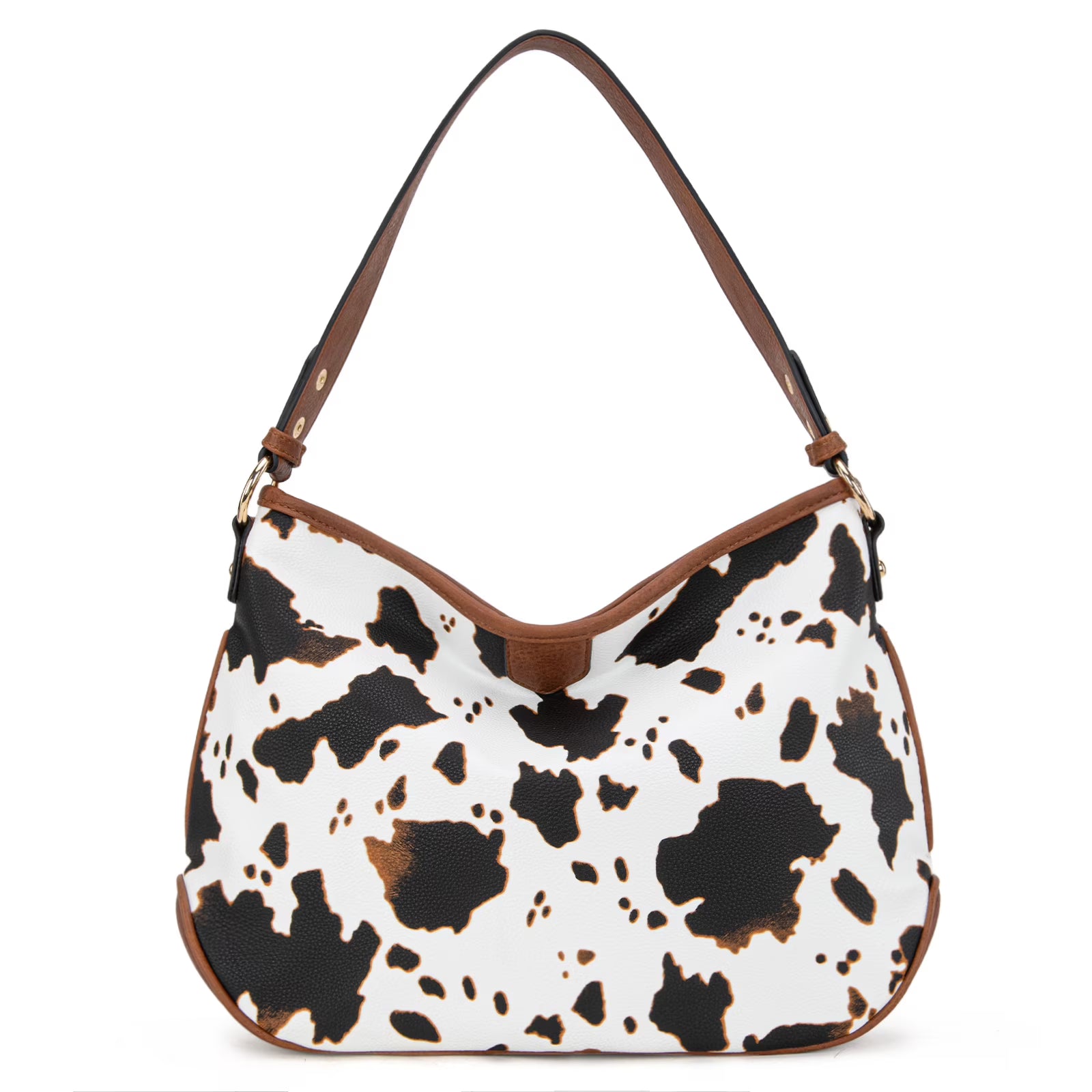 Cow-Brown Curved Shoulder Bag Warm Brown Trim Wide Carry Strap