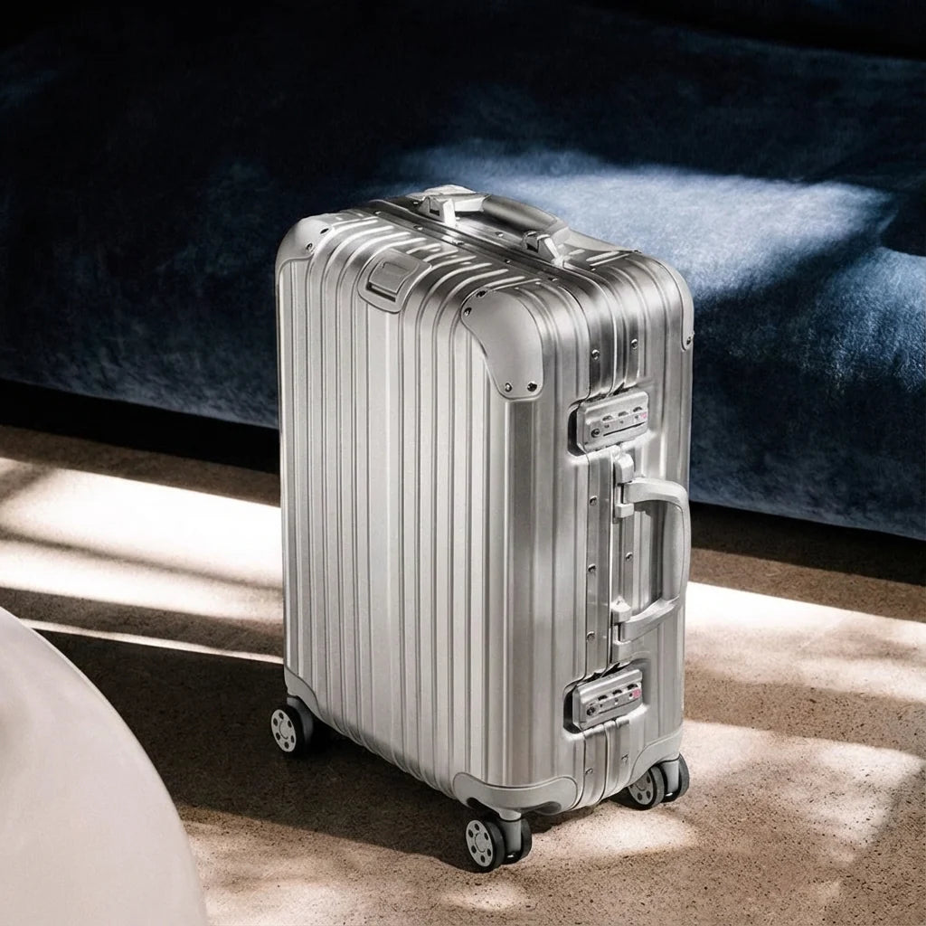 Polished Silver Vertical Fluted Hard Shell Rolling Travel Case Reinforced Edge Caps