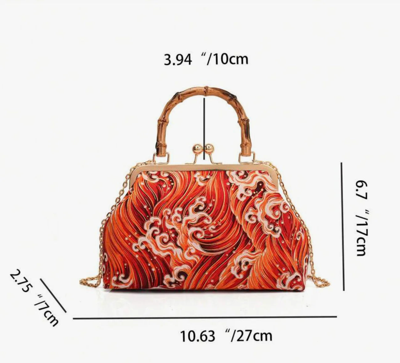 Vivid Scarlet Amber Swirl Wave Pattern Frame Pouch with Curved Natural Form Grip Arch And Linked Metal Chain Kiss Lock Bag