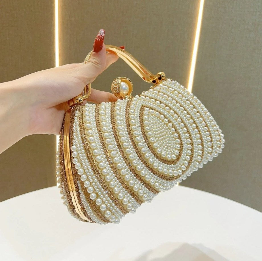 White Layered Bead Symmetrical Oval Pattern Frame Evening Pouch Warm Metallic Grip Arch Inner Linked Chain Kiss Lock