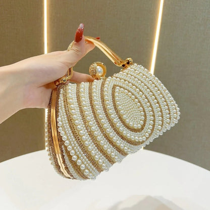 White Layered Bead Symmetrical Oval Pattern Frame Evening Pouch Warm Metallic Grip Arch Inner Linked Chain Kiss Lock