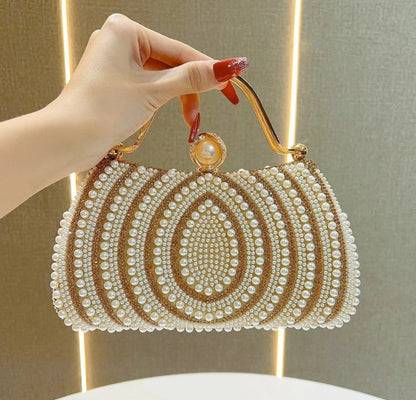 White Layered Bead Symmetrical Oval Pattern Frame Evening Pouch Warm Metallic Grip Arch Inner Linked Chain Kiss Lock