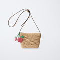 Natural Woven Mini Carry Pouch Adjustable Strap Dual Fruit Decor Charms Shoulder Bag
