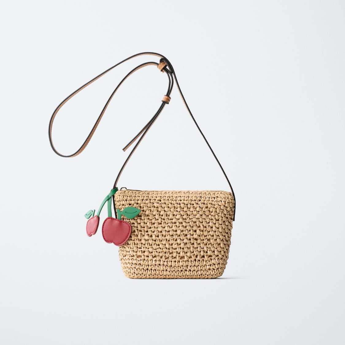 Natural Woven Mini Carry Pouch Adjustable Strap Dual Fruit Decor Charms Shoulder Bag
