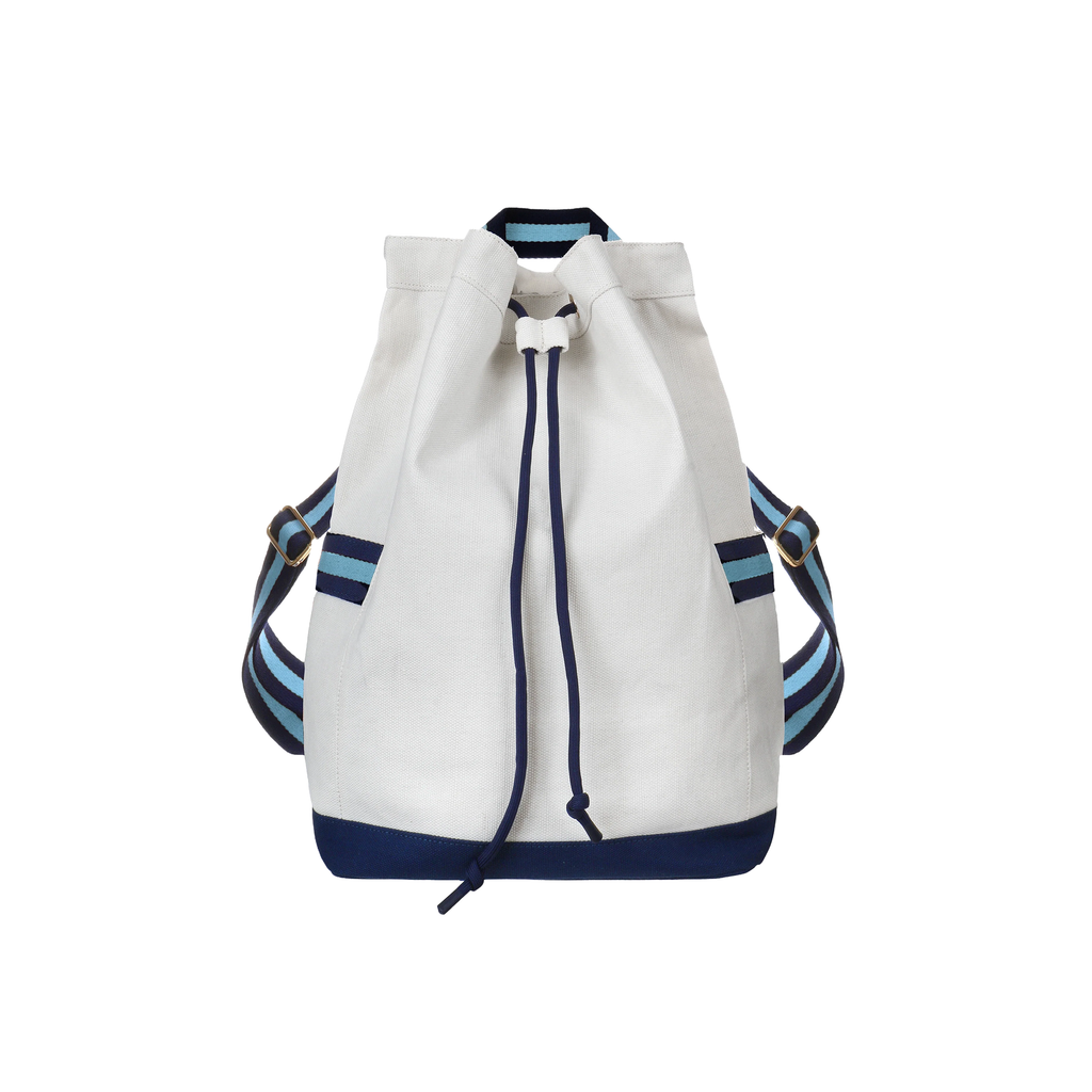 Off White Navy Trim Bucket Day Pack with Dual-Tone Striped Fabric Strapping