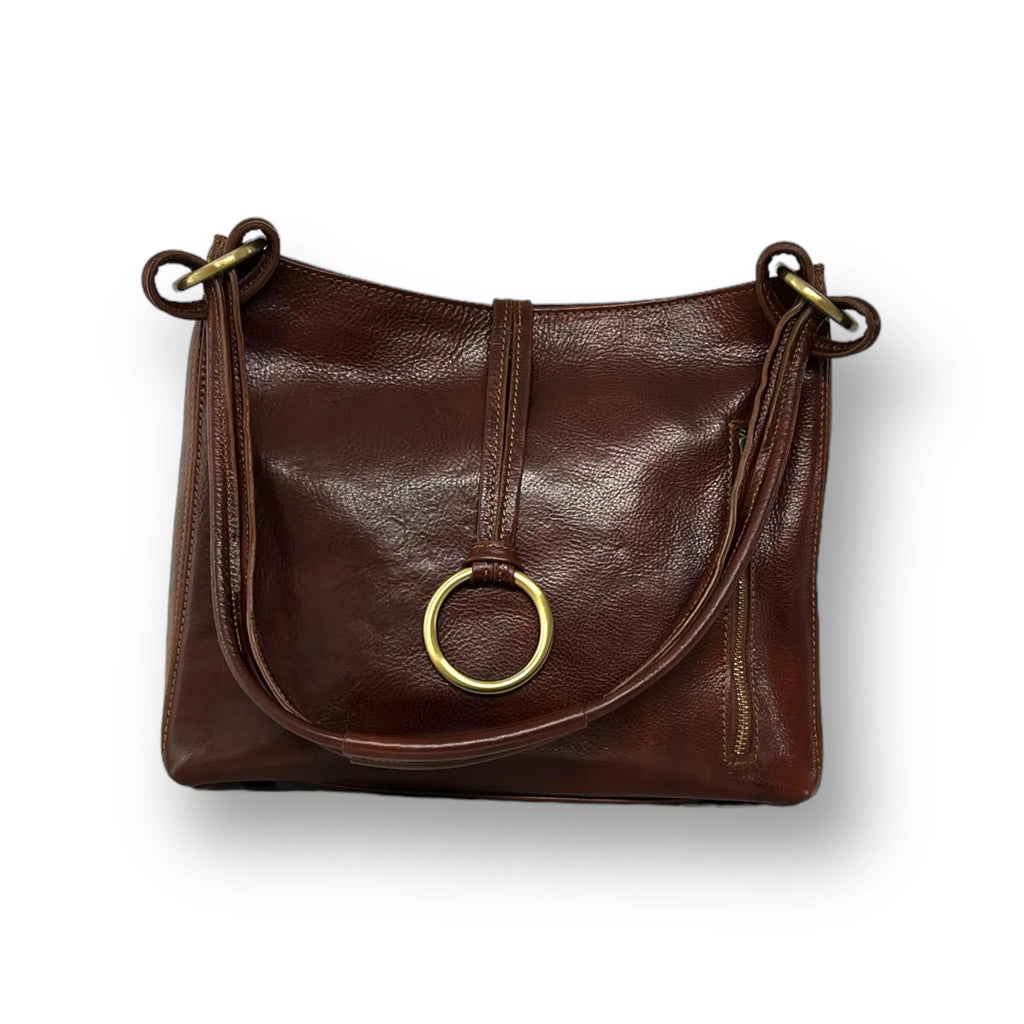 Deep Cocoa Sloped Top Carry Tote with Symmetrical Metallic Ring Hardware and Exterior Zip Slip