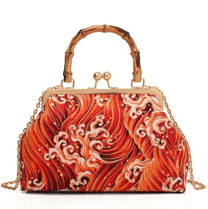 Vivid Scarlet Amber Swirl Wave Pattern Frame Pouch with Curved Natural Form Grip Arch And Linked Metal Chain Kiss Lock Bag