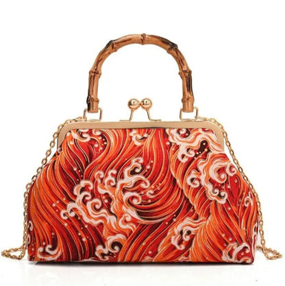 Vivid Scarlet Amber Swirl Wave Pattern Frame Pouch with Curved Natural Form Grip Arch And Linked Metal Chain Kiss Lock Bag