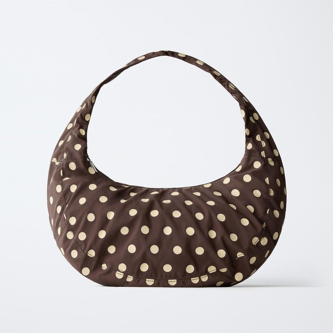 Warm Brown Cream Spotted Crescent Shoulder Carry Bag with Secure Zip Compartment